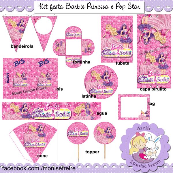 Kit Festa Digital 10 artes Barbie Princesa & PopStar